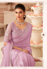 India Silk Light Lavender Sarees With Silver Chiffon Shimmer Combine Rich Silk Texture With A Delicate